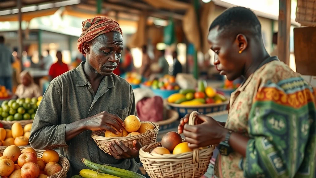 African fresh produce market with concerned smallholder farmers inspecting fruits for spoilage, highlighting cold chain infrastructure africa exports challenges