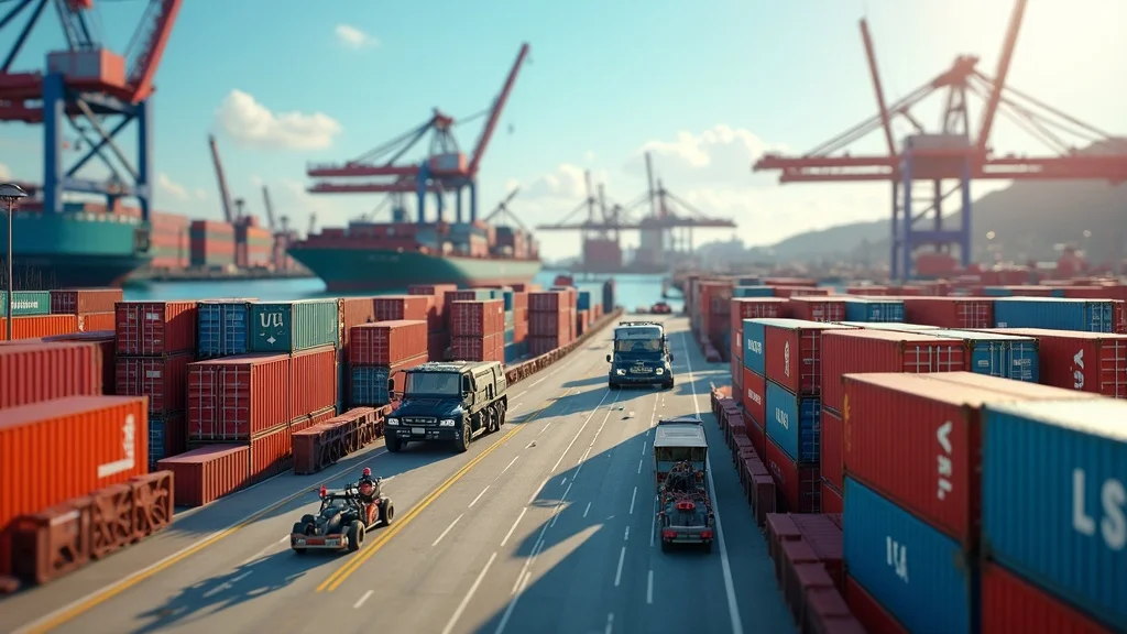 Modern container port with agricultural exports — busy, dynamic, shipping containers labeled for Africa and USA (no text), styled as photorealistic set at a bustling international port with cranes, ships, and stacked produce crates, featuring movement with workers loading, rendered with ultra-realistic textures and sharp depth, emphasized with blues, reds, and greens, under crisp midday sunlight, captured as if shot with a tilt-shift lens for layered depth.