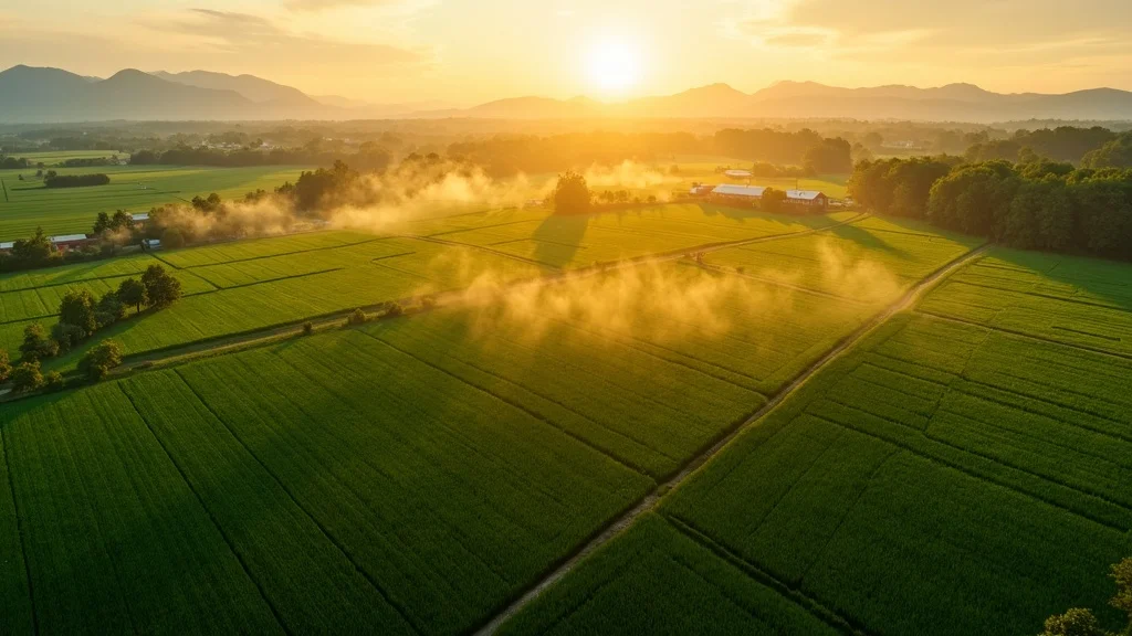 A dynamic aerial view of global farmland demonstrating crop insurance fintech solutions with digital overlays and thriving crops.