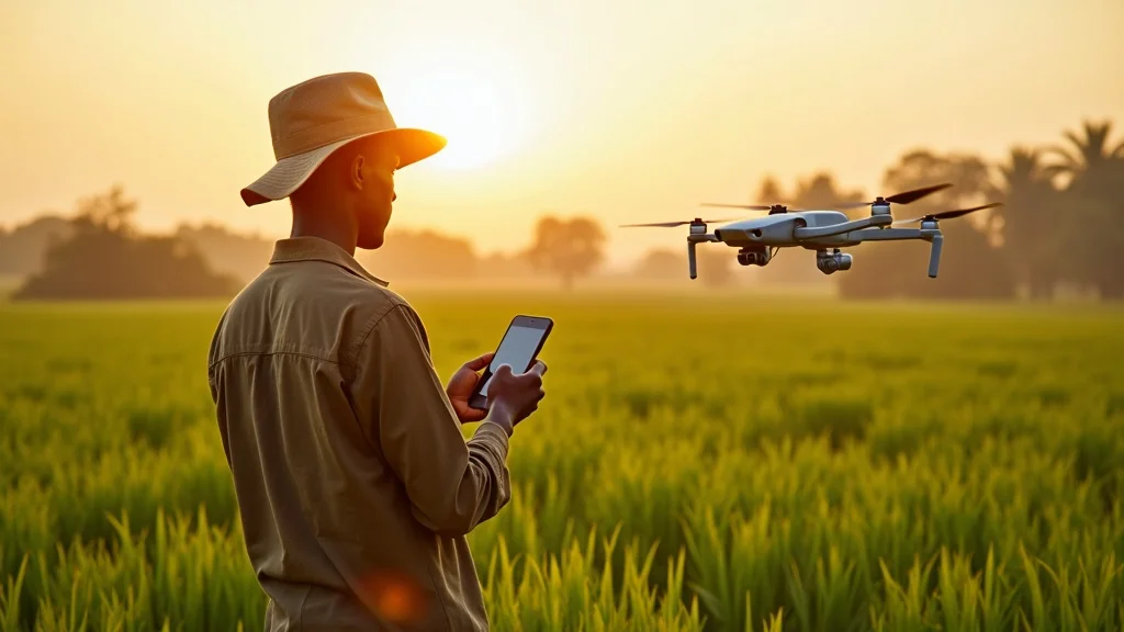Innovative African agricultural technology — inspired, young tech-savvy farmers using smartphones and drones over fields, styled as photorealistic set in lush modern farmland with visible technology in action, featuring sunlit crops, remote control devices, and subtle motion of drone blades, rendered with hyper-realistic clarity and a fresh, vibrant color palette, under soft golden hour lighting, captured as if shot with a 24mm lens for wide environmental impact.