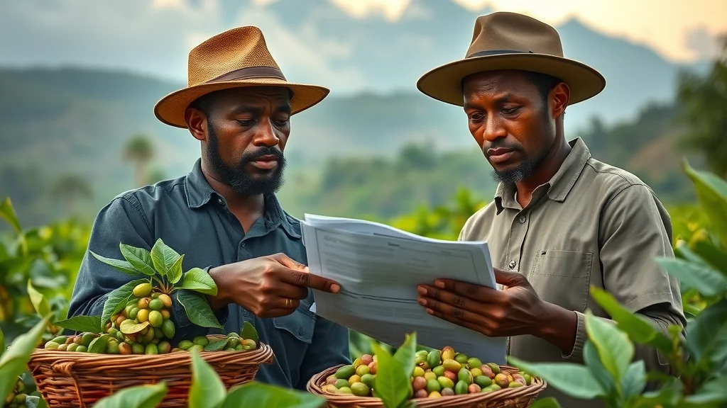 African farmers inspecting ripe coffee beans and export documents for EU deforestation regulation compliance in lush coffee plantation