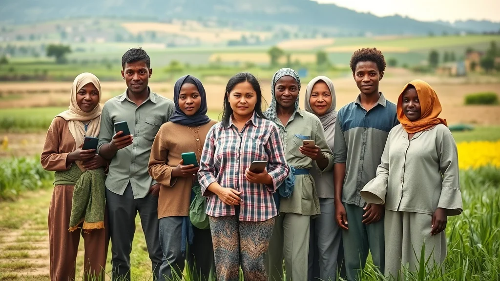 Diverse group of smallholder farmers using mobile devices for agricultural credit digital lending in a rural landscape