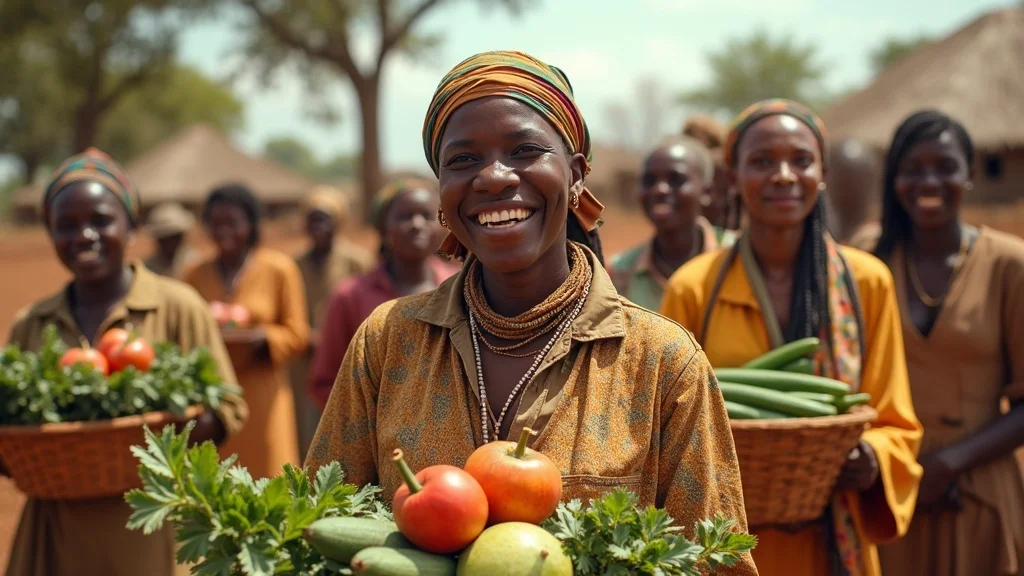 Empowered African farming community — joyful, group of diverse men and women celebrating successful harvest with fresh produce and baskets, styled as bright photorealistic set in a vibrant village or cooperative market scene, featuring visible abundance of crops and positive community interaction, rendered with rich, saturated colors and tactile textures, under cheerful daylight, captured as if shot with a 35mm lens for friendly realism.