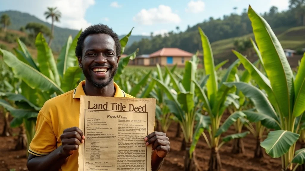 Kenyan banana farmer celebrating with title deed, demonstrating positive change from land reform policy Kenya