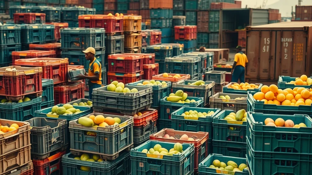 Port storage area in Africa with produce crates and visible spoilage, illustrating cold chain infrastructure africa exports setbacks