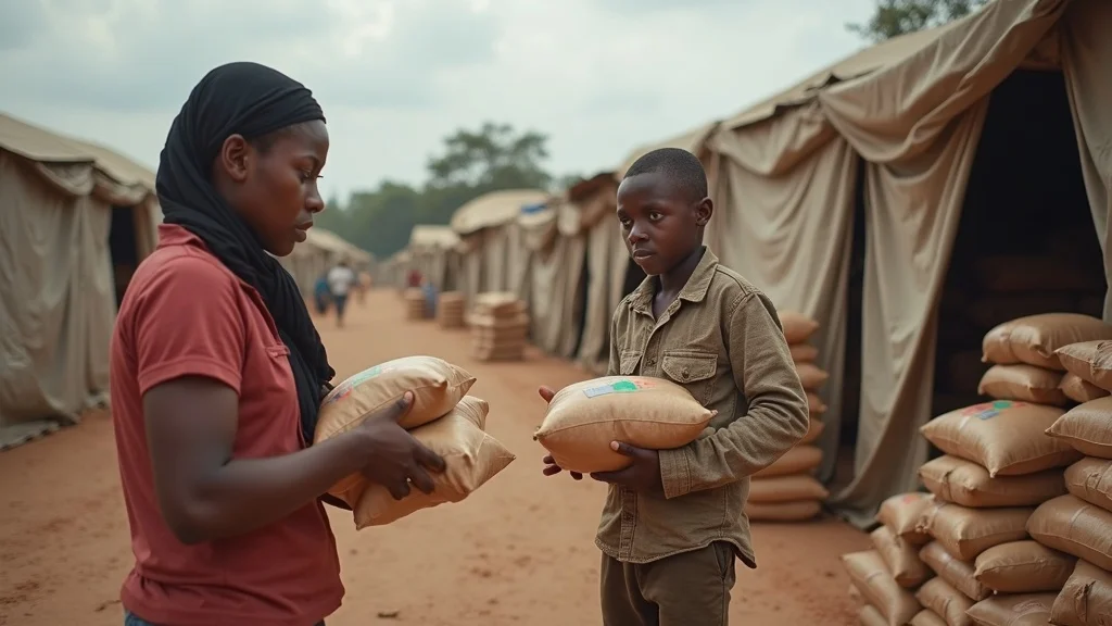 Worried humanitarian workers distributing food aid to vulnerable families under food crisis conditions, food security policy east africa