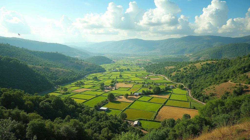 africa agriculture policy 2026: A photorealistic, optimistic transformation of African farmland with modern sustainable practices, conservation patches, solar irrigation, and visible rural development.
