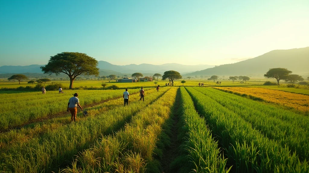 Vivid aerial view of African farmland — hopeful determination, African farmers tending to crops and fields, styled as photorealistic set on expansive green agricultural land under a bright blue sky, featuring tools, irrigation, and mixed crops, rendered with high depth of field, crisp textures, and natural realism, emphasized with earthy greens and yellows, under warm morning sunlight, captured as if shot with a 35mm wide-angle lens.