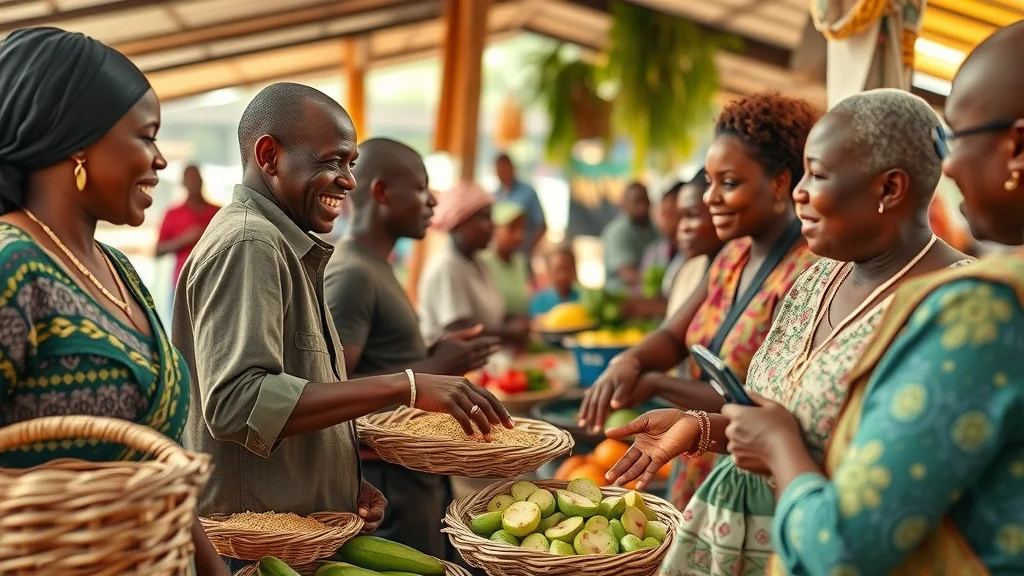 Vibrant African farmers' market scene showing optimistic traders exchanging fresh produce under bright sunlight - afcfta agriculture trade agreement