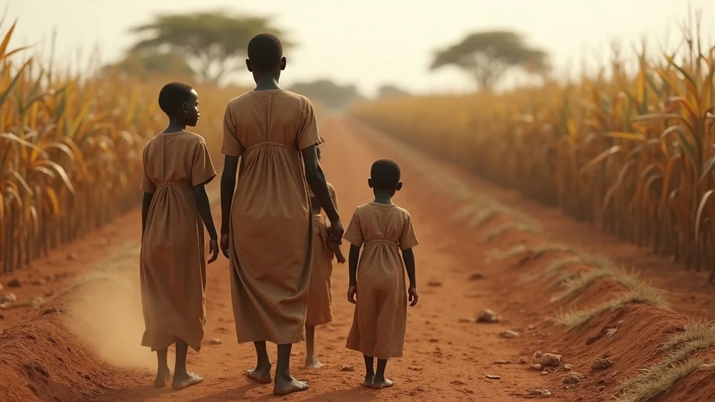 Somber East African family concerned about sparse crops on semi-arid rural farm reflecting food security policy east africa challenges
