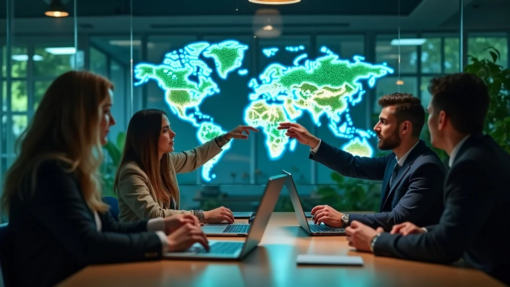 A diverse agri-fintech innovation team planning global crop insurance fintech solutions using data screens.