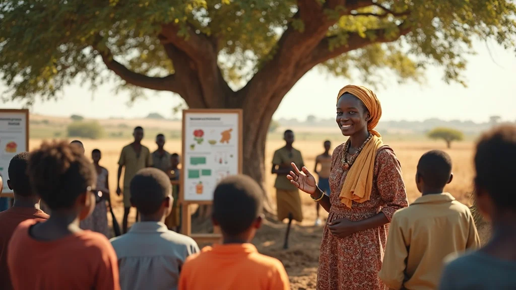 Hopeful East African agricultural extension worker explaining food security policy east africa at a village meeting
