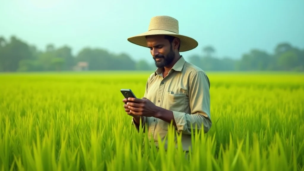 A smallholder farmer using a crop insurance fintech solution mobile app in rural India, exemplifying accessibility and innovation.