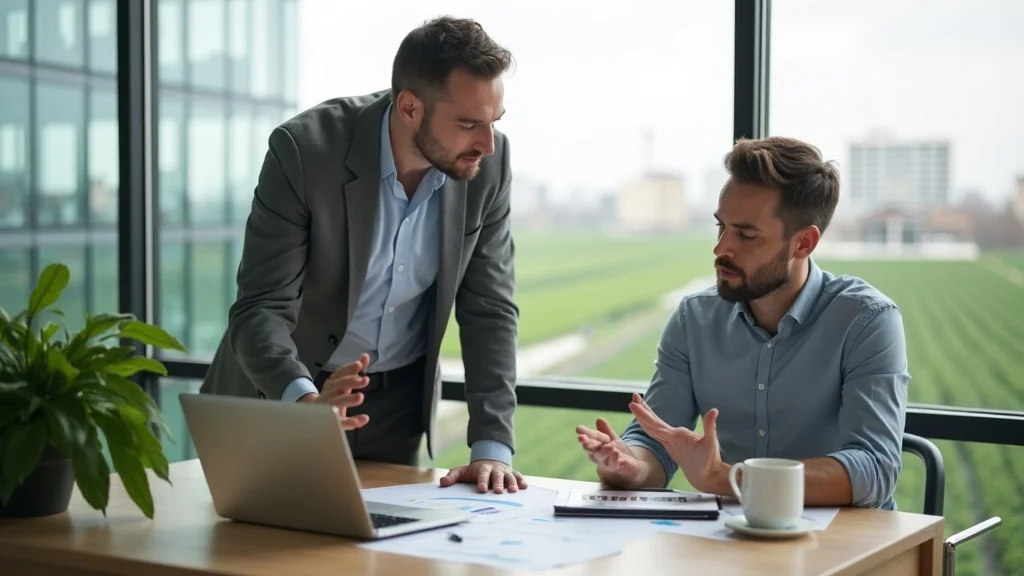 Fintech analyst and farmer reviewing crop insurance dashboard and indemnity payments in a modern office setting.