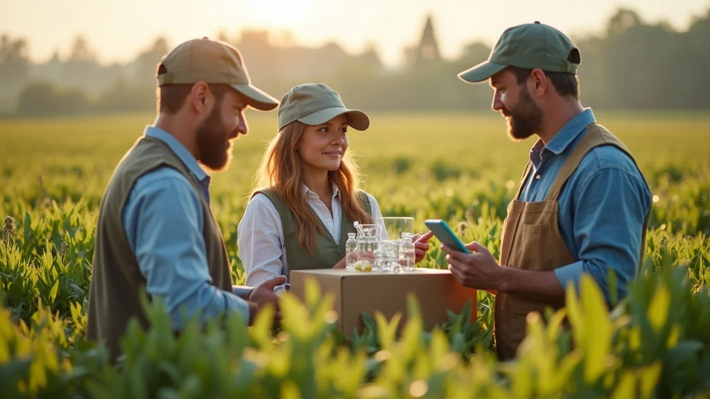 Futuristic farm supply chain visualization showing thoughtful agri-business professionals collaborating with digital devices in a sunny agricultural setting. Blockchain agriculture supply chain concept.