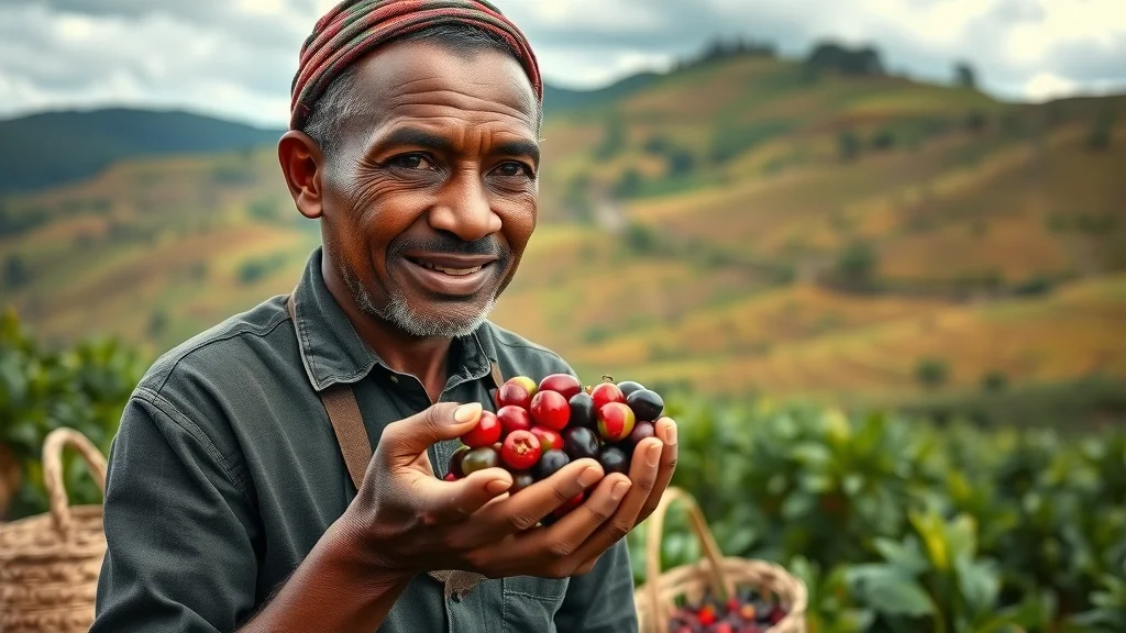 Ethiopian coffee producer holding coffee cherries with compliance challenges for EU deforestation regulation Africa exports