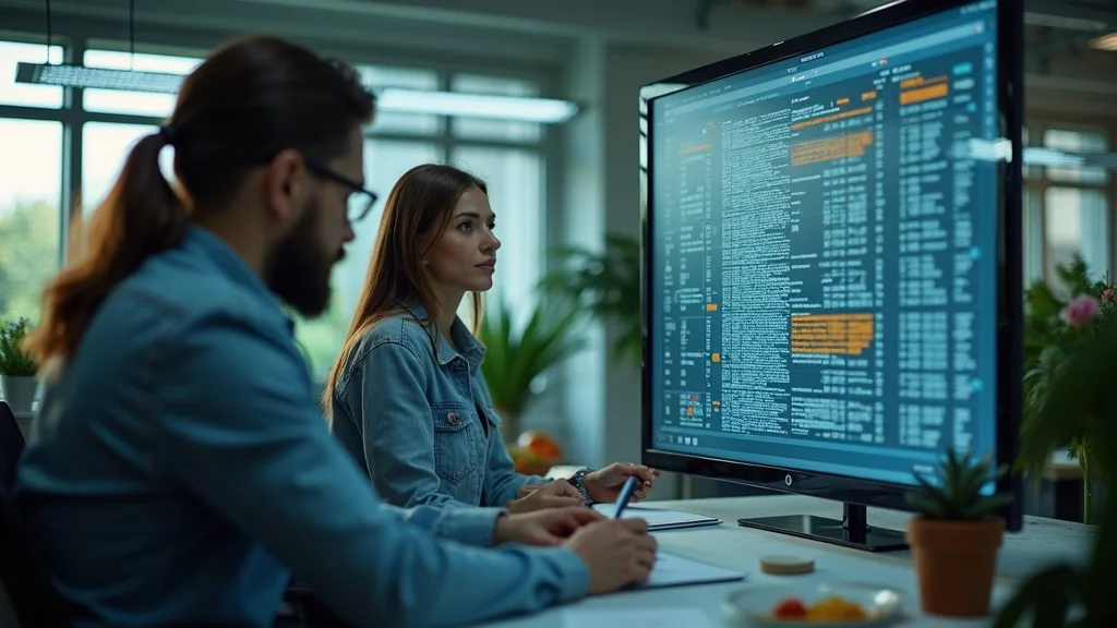 Agricultural technologists review blockchain error data and analog records in a contemporary office. Food supply chain challenges and barriers visualized.