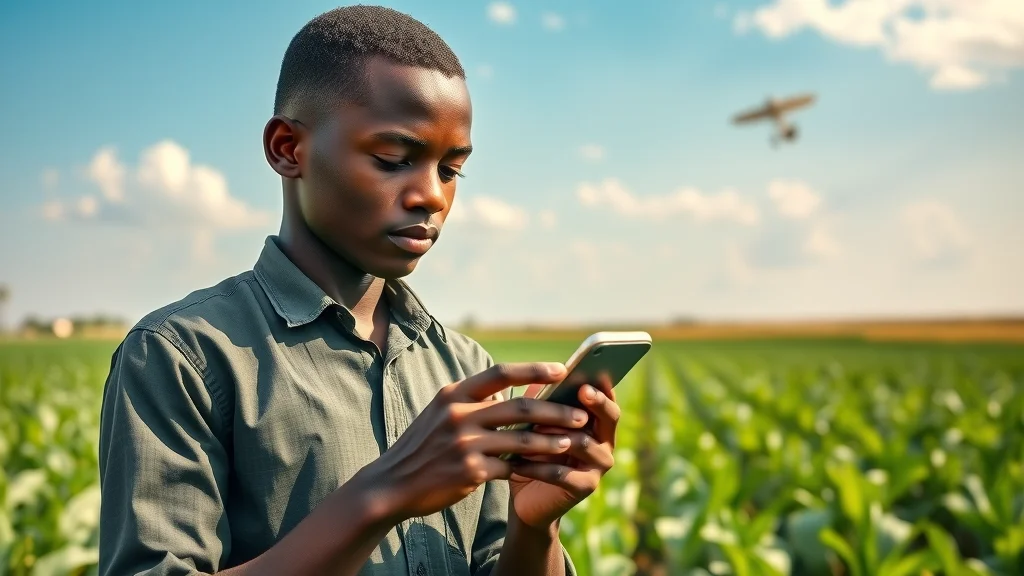 Young African agricultural producer using a smartphone in a field, representing digital farm credit in action