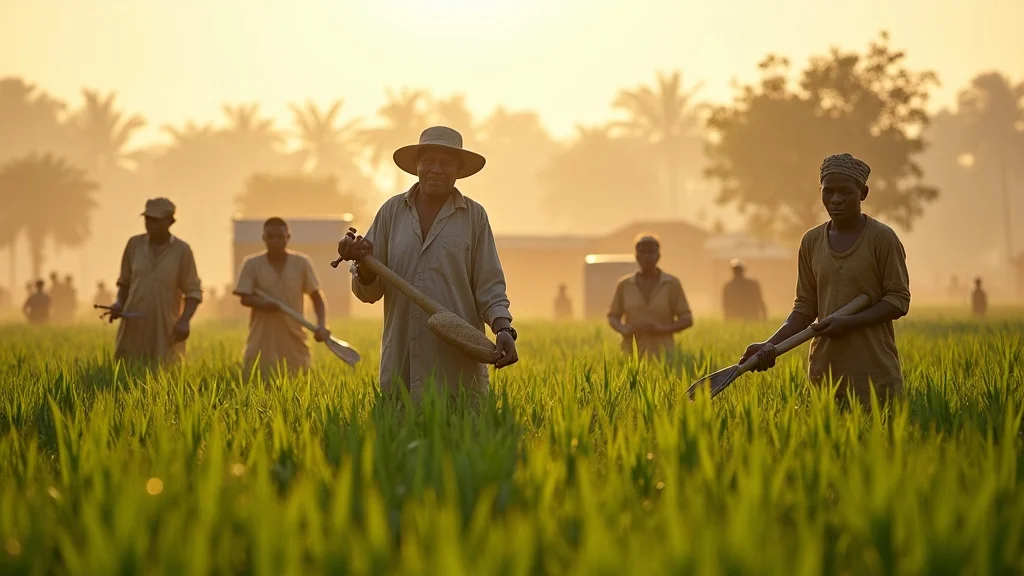 africa agriculture policy 2026: Hopeful dynamic rural African agriculture scene with farmers of different ages and genders tending crops and checking machinery under early morning sunlight.