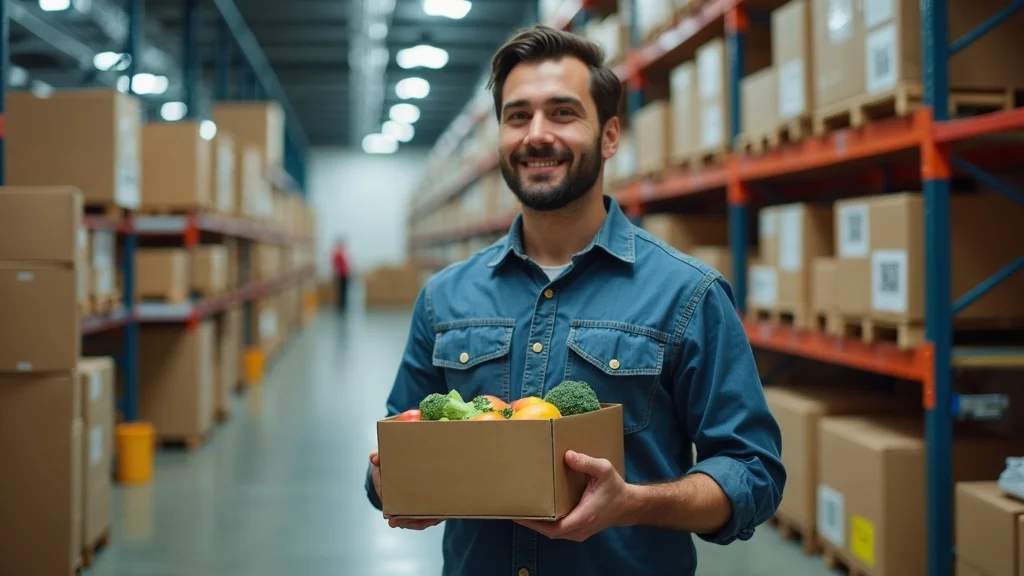 Blockchain agriculture supply chain: Diverse farmers and agri-business professionals using digital devices and transparent supply containers in a realistic farm setting.