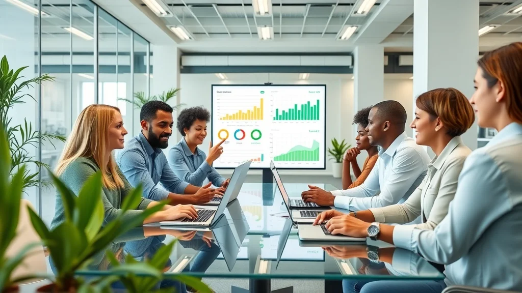 Diverse agri-fintech professionals in a modern meeting, discussing digital lending solutions