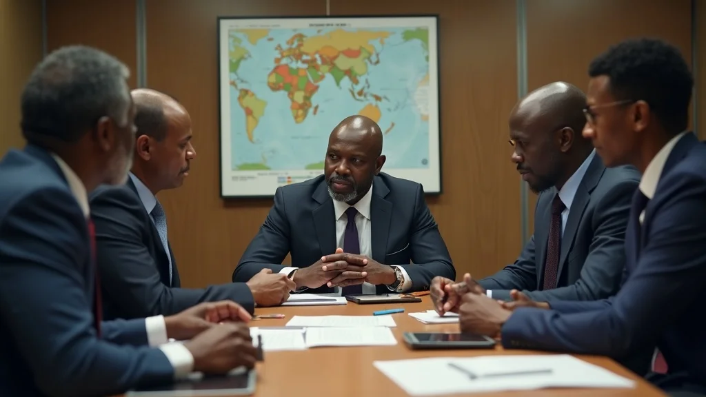 African policymakers and agribusiness leaders in discussion — thoughtful, reviewing export documents and regulations, styled as photorealistic set in a government or business meeting room with maps and digital tablets, featuring handshakes and collaborative gestures, rendered with clean, sharp details and nuanced expressions, color palette of navy, tan, and green, under bright but indirect office lighting, captured as if shot with an 85mm lens for intimate focus.