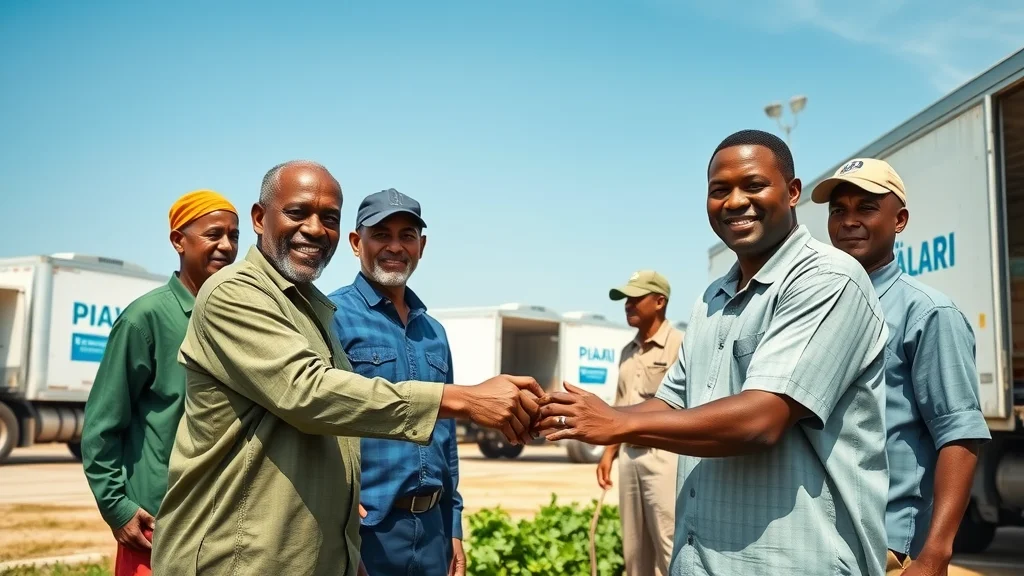 African farmers collaborating with logistics partners near a modern refrigerated storage facility, showcasing progress in cold chain infrastructure africa exports