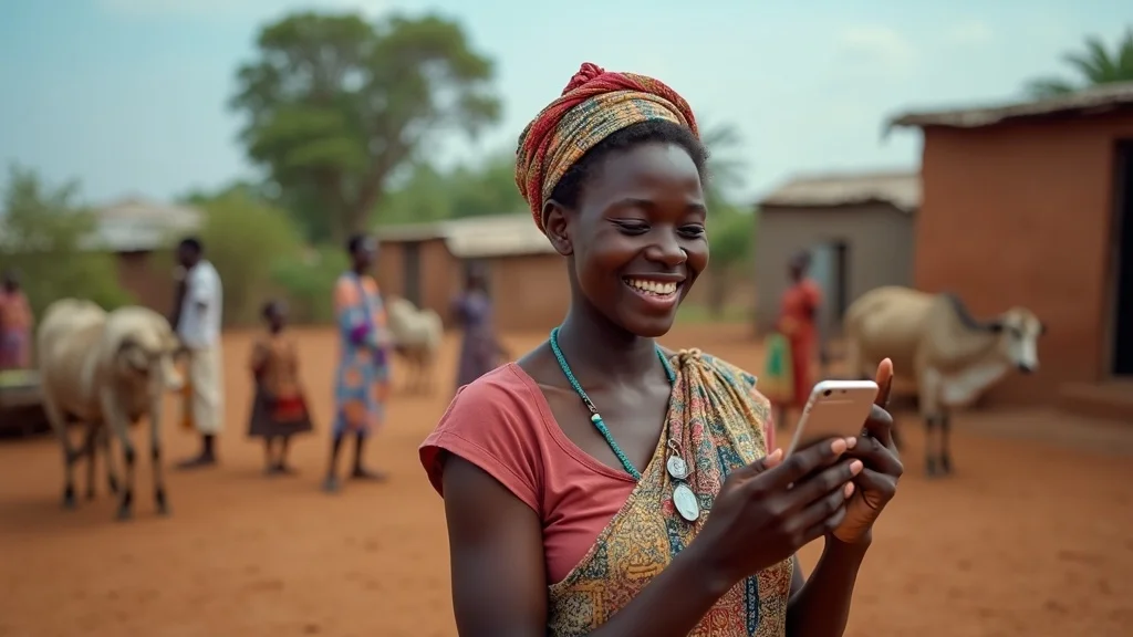 East African female farmer displaying mobile money farm payment receipt in rural village