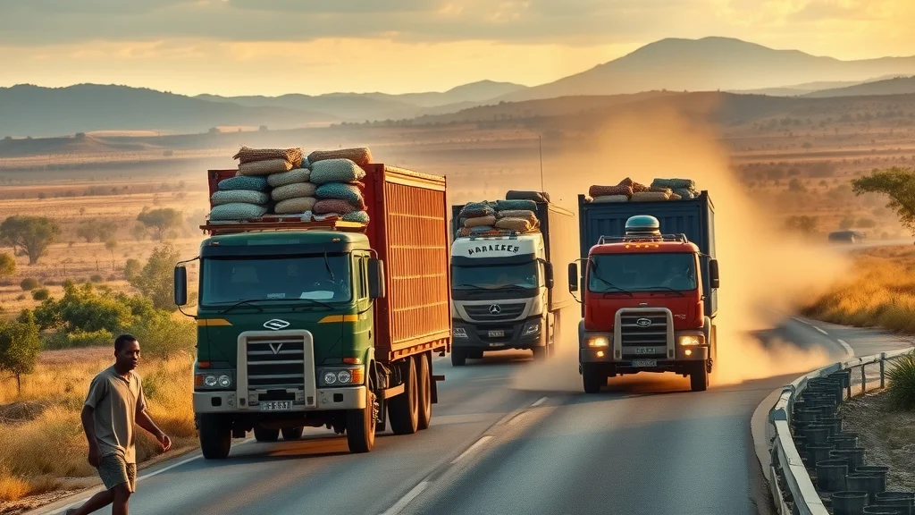 Cargo trucks transporting agricultural products along an African trade route - free trade area and agricultural trade