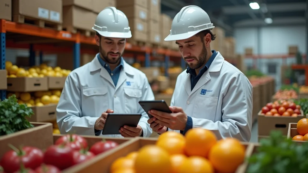Global food supply chain visualization showing logistics operator with QR-coded packages, tracking screens, and moving goods in an agricultural warehouse. Blockchain tech for food supply chain.