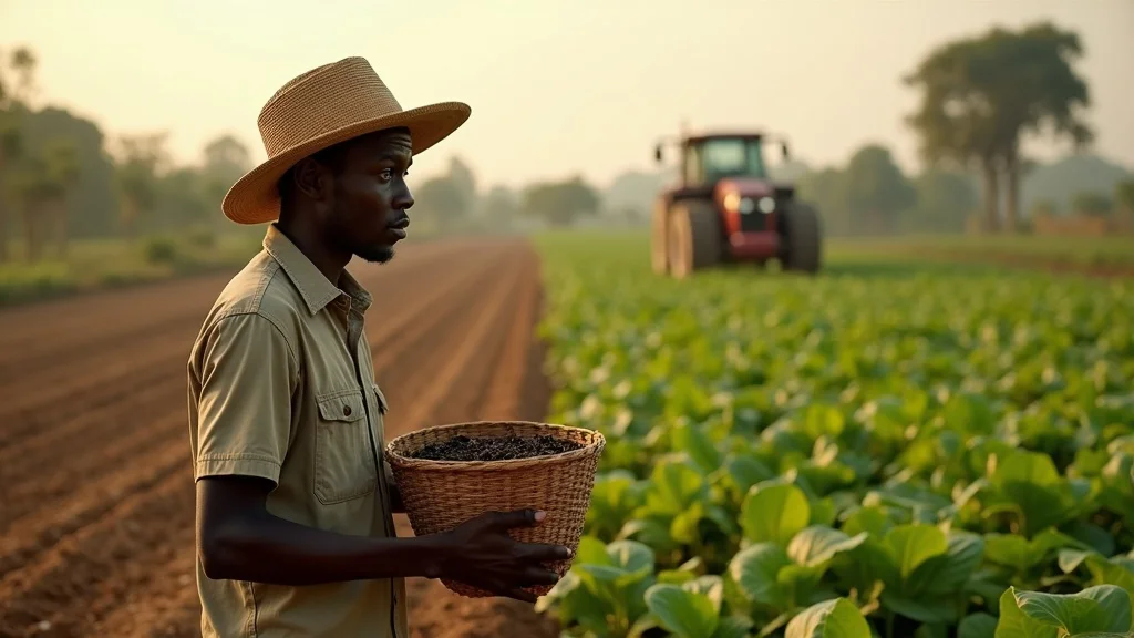 Contrast of smallholder and commercial African farmers — contemplative, side-by-side comparison, styled as photorealistic set in a split-field background with one side small, family plots and the other modern mechanized agriculture, featuring farming equipment, baskets, and lush crops, rendered with lifelike layering, realistic textures, and excellent tonal contrast, emphasized with greens, browns, and golds, under diffuse late afternoon lighting, captured as if shot with a 50mm lens with shallow depth of field.