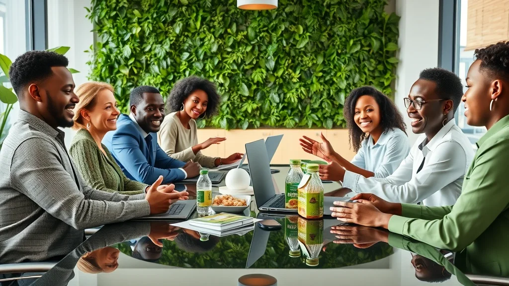 African agribusiness team strategizing export and EUDR compliance near eco-friendly packaging