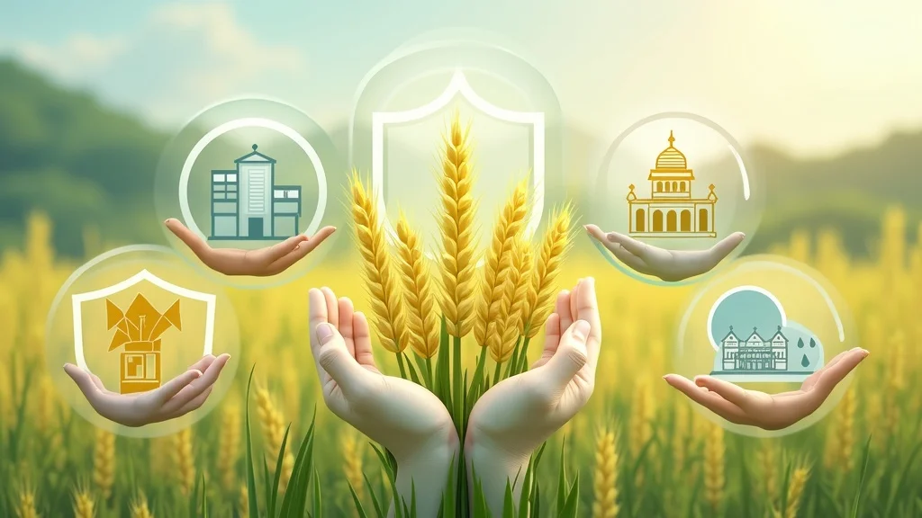 Infographic visual summary – shields, crops, secure hands, rainfall gauges illustrating key points on agricultural insurance policy in developing countries