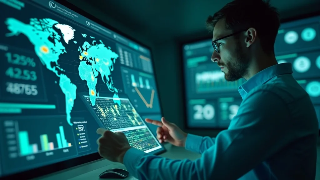 Advanced blockchain dashboard showing agricultural asset data, MRV compliance, and tokenized asset transfers in a photorealistic control room, highlighting global digital asset transparency