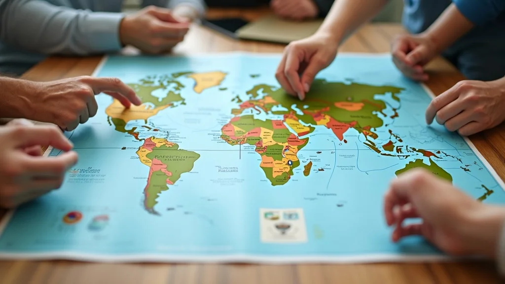 Exporters referencing a world map with highlighted regions and organic seals, illustrating global organic certification policy standards