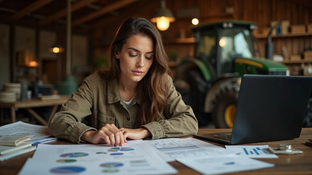 Determined young woman evaluating complex agricultural charts for youth agriculture policy incentives