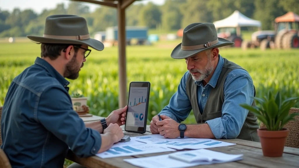 Agri-tech professionals reviewing embedded finance cost data on tablet with field background