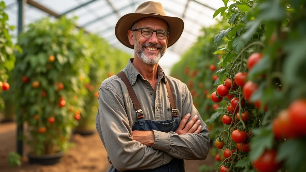 American tomato farmer in a greenhouse with healthy tomato plants, representing the benefits of import restriction food security policies for local agriculture.