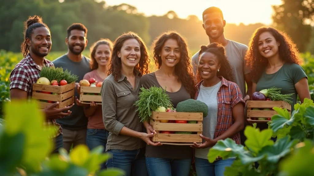 multi-ethnic farming cooperative celebrating fair trade blockchain verification with fresh produce and digital devices