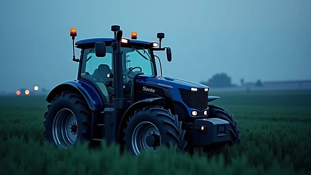 Detailed sensor arrays, including LIDAR and RTK GPS, mounted on an autonomous tractor for robotic farming 2026, illustrating the technology stack enabling high-level autonomy in field operations.