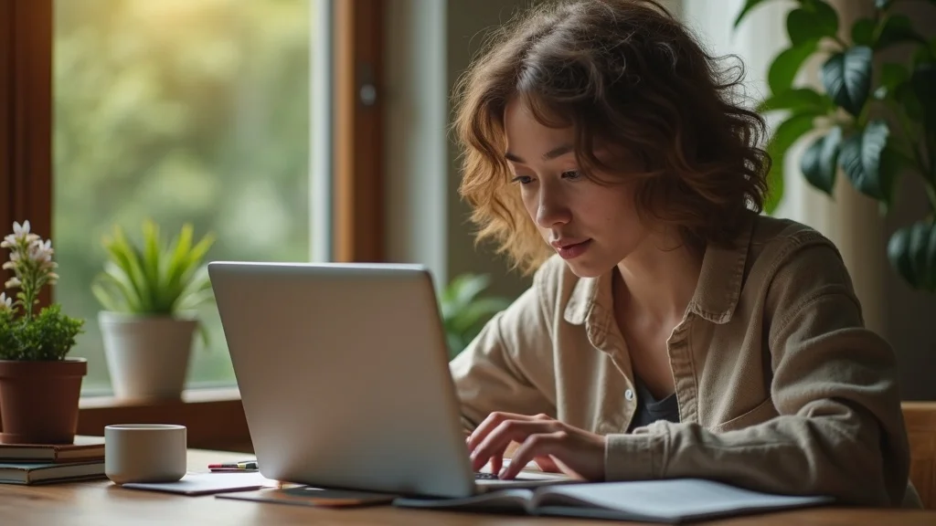 Curious reader researching agricultural cooperatives policy support at a laptop with garden view