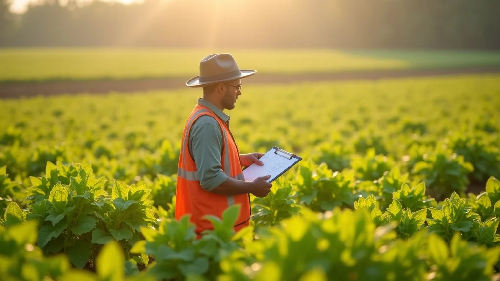 Organic-certified farmland and inspector checking crops according to organic standards and certification policy standards