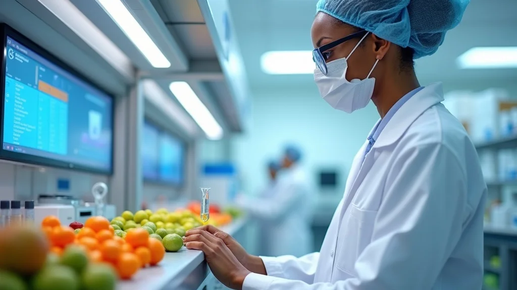 Technician testing African fruit samples for pesticide residue to meet export standards, supporting food safety in Africa