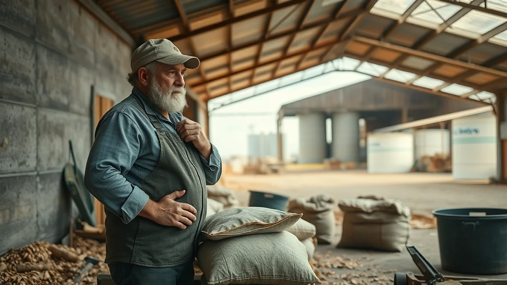 warehouse receipt financing agriculture: farmer examines damaged grain in an old shed contrasted with a modern warehouse in the background