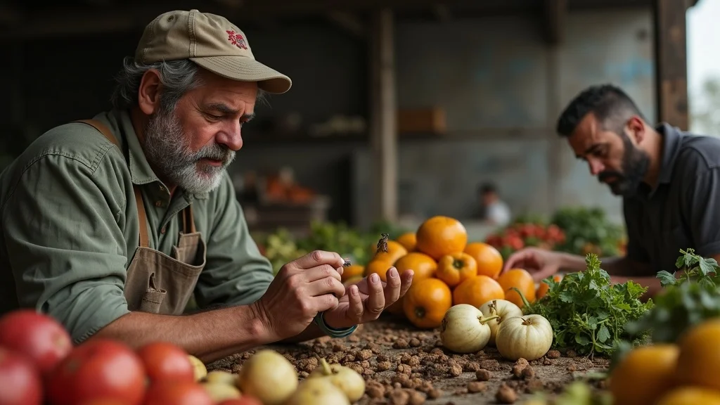 Concerned farmers inspecting spoiled fruits and vegetables, highlighting post-harvest loss reduction policy challenges in supply chains