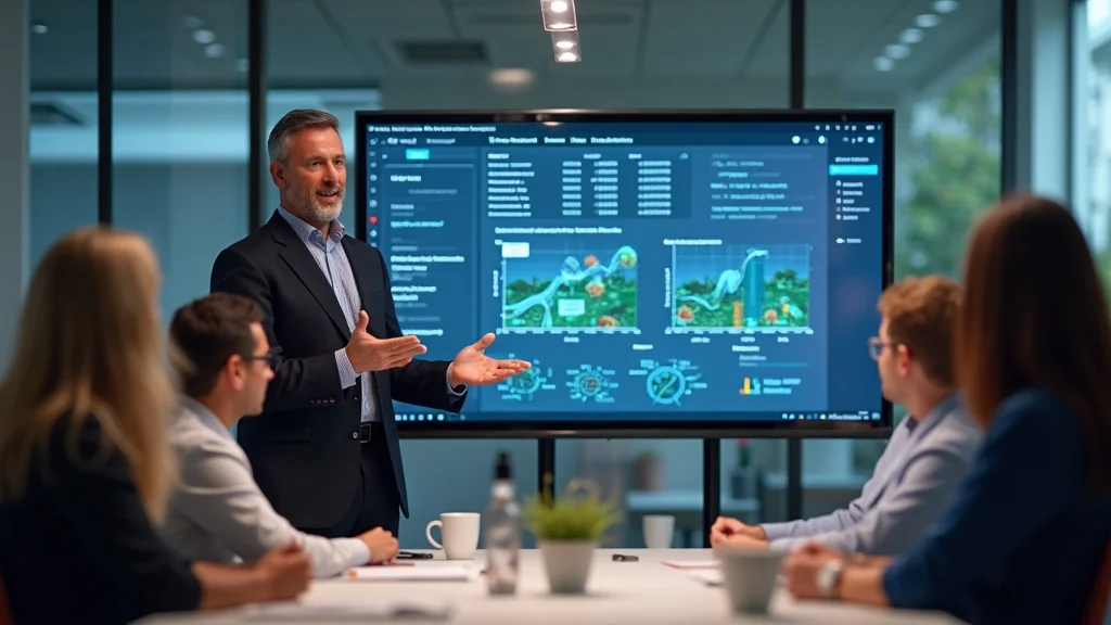Confident farm program manager explaining MRV framework results in a professional conference room with digital screens showing agricultural blockchain data, surrounded by policymakers and educators