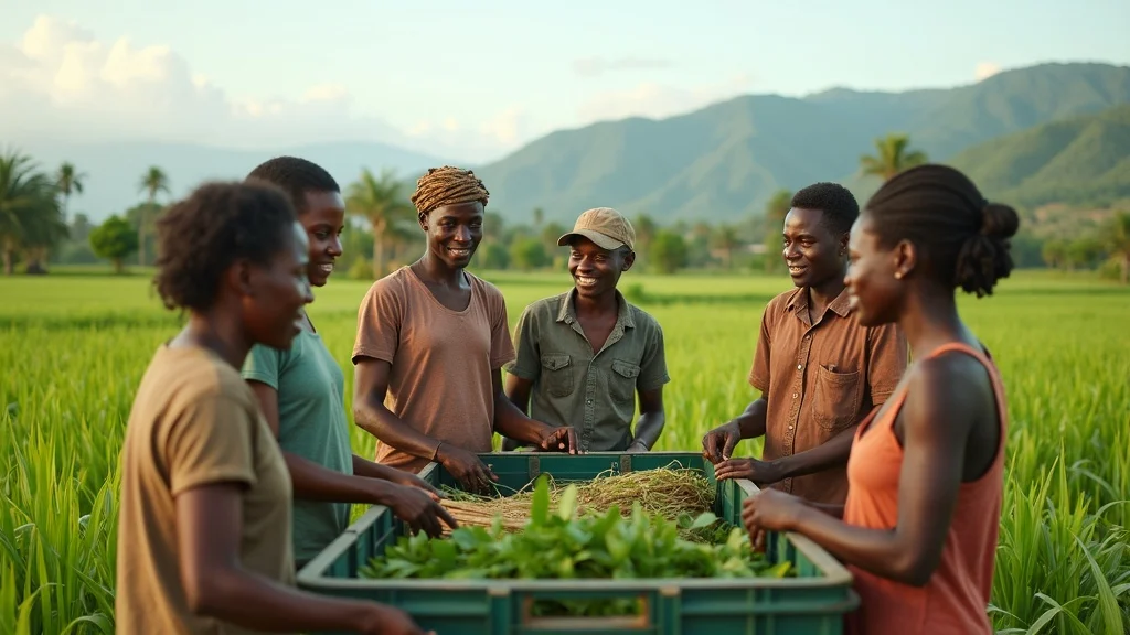 Group of diverse Caribbean smallholder farmers collaborating beside storage crates on a green field, illustrating cooperative agrifood exports in the face of agricultural trade tariffs Caribbean and global trade pressures