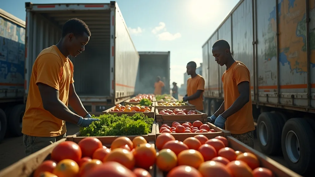 Workers loading fresh produce into refrigerated trucks for cold chain post-harvest loss reduction in Africa