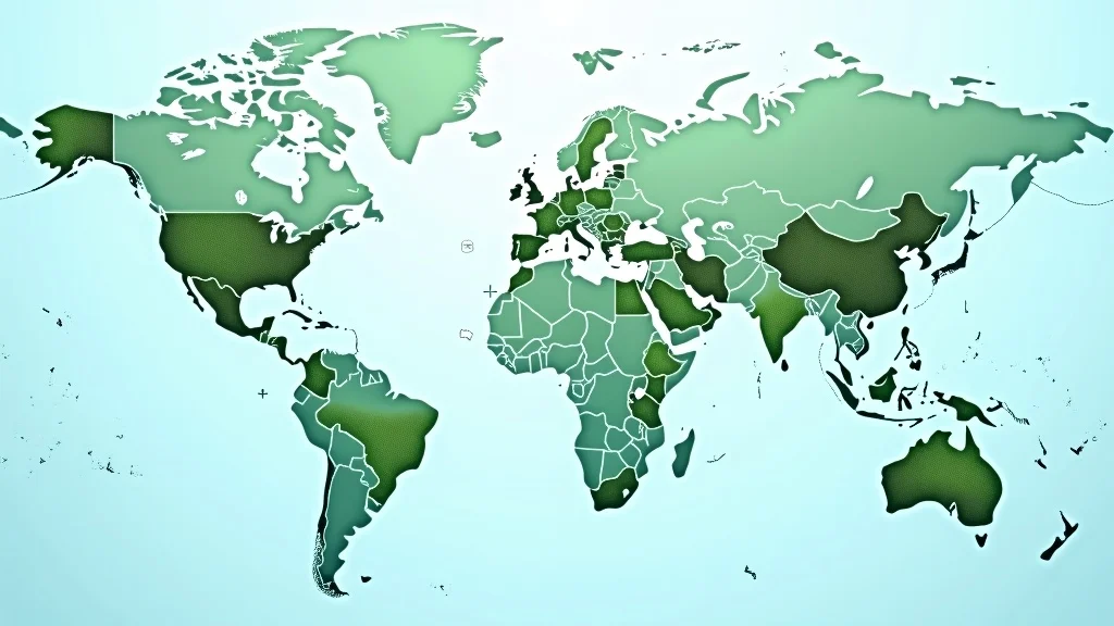 Comprehensive global map showing highlighted countries with major government fertilizer subsidy programs, featuring icons for fertilizer, fields, and money in a blue and green palette, rendered in a photorealistic infographic style over a world map background.