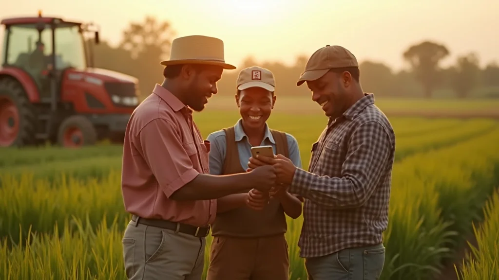 Smallholder farmers checking their AI loan for agriculture status on a mobile device in a rural crop field